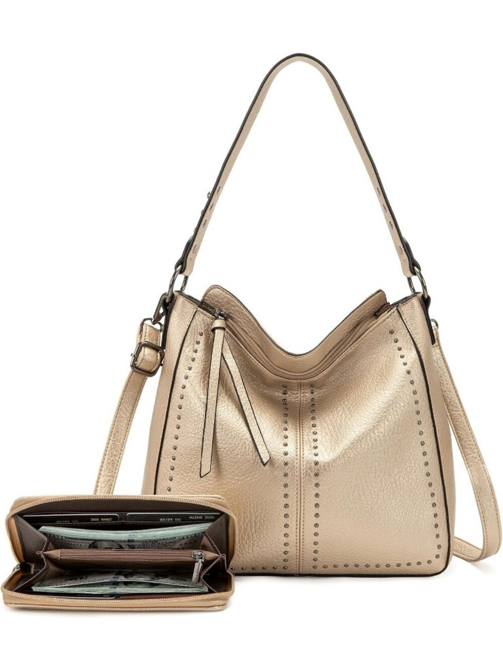 Women's Gold 2pcs Leather West Hobo Crossbody Leather Purse Ladies Shoulder Bag